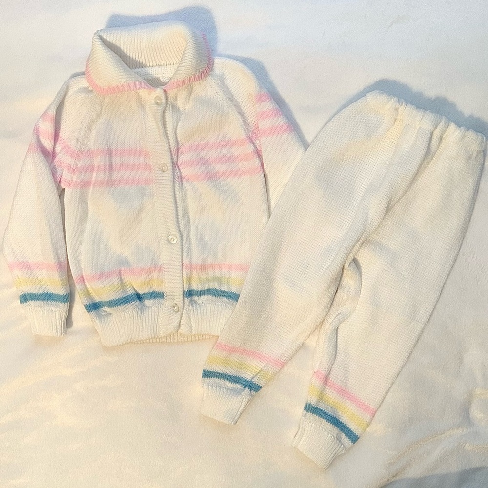 Vintage Hand Knit 2pc Outfit Cardigan Sweater & Pants Girls Toddler 2T stripe